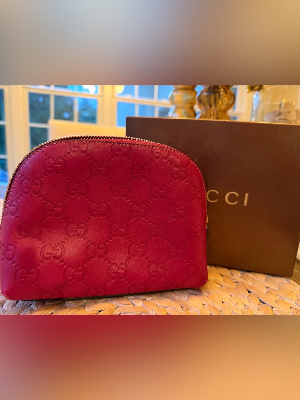 Gucci Raspberry Embossed GG Leather Cosmetic Case